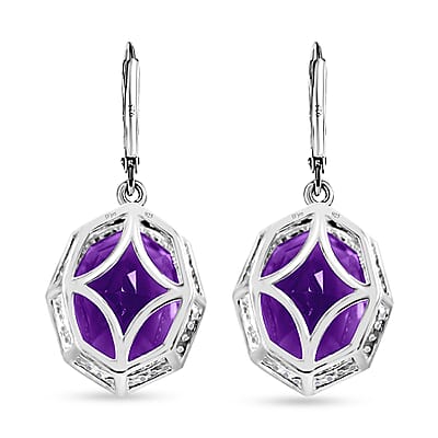Fancy Cut African Amethyst and White Zircon Lever Back Earrings in Platinum Over Sterling Silver 7.90 ctw