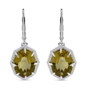 Fancy Cut Brazilian Green Gold Quartz and White Zircon Lever Back Earrings in Platinum Over Sterling Silver 7.90 ctw
