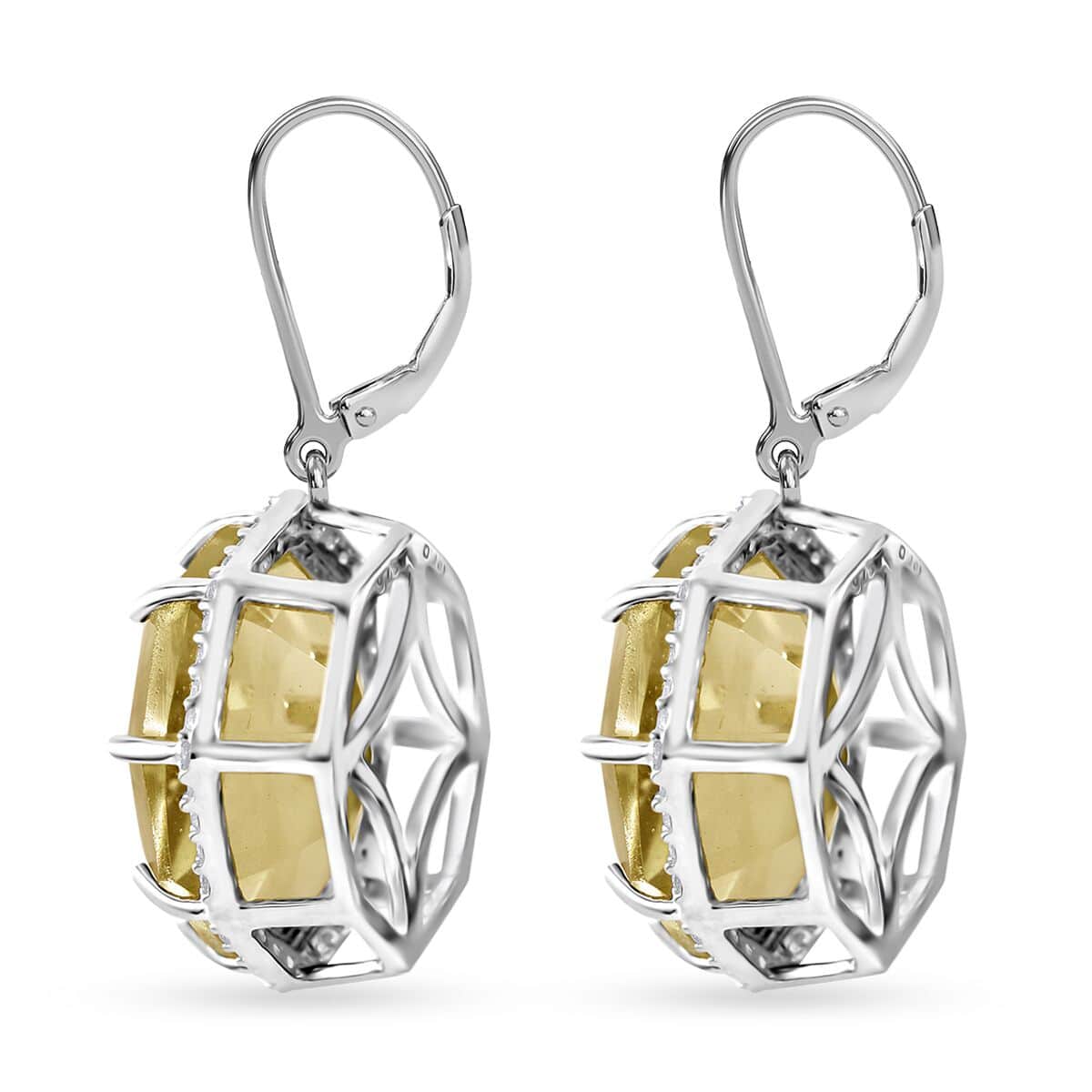 Fancy Cut Brazilian Green Gold Quartz and White Zircon Lever Back Earrings in Platinum Over Sterling Silver 7.90 ctw image number 2