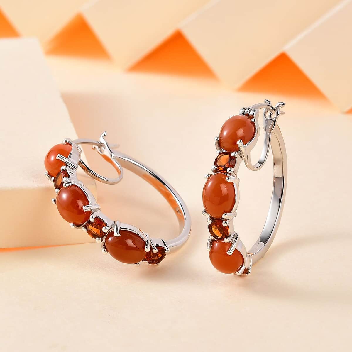 Peach Moonstone and Santa Ana Madeira Citrine Hoop Earrings in Platinum Over Sterling Silver 9.60 ctw image number 1