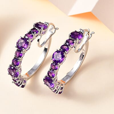 African Amethyst Hoop Earrings in Platinum Over Sterling Silver 8.60 ctw