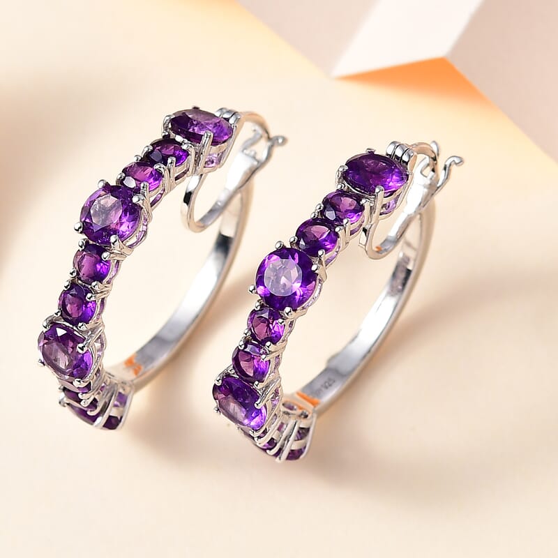 African Amethyst Hoop Earrings in Platinum Over Sterling Silver 8.60 ctw
