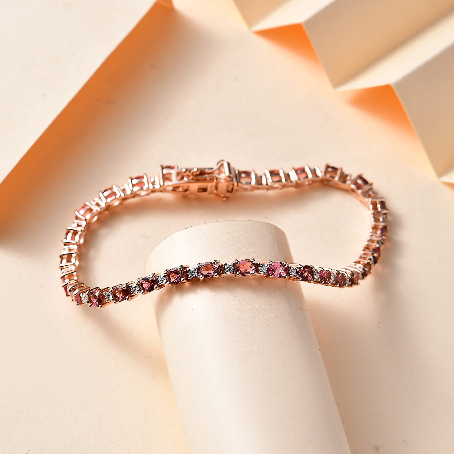 D'Joy Premium Ouro Fino Rubellite and Moissanite Bracelet in Vermeil Rose Gold Over Sterling Silver (6.50 In) 5.20 ctw