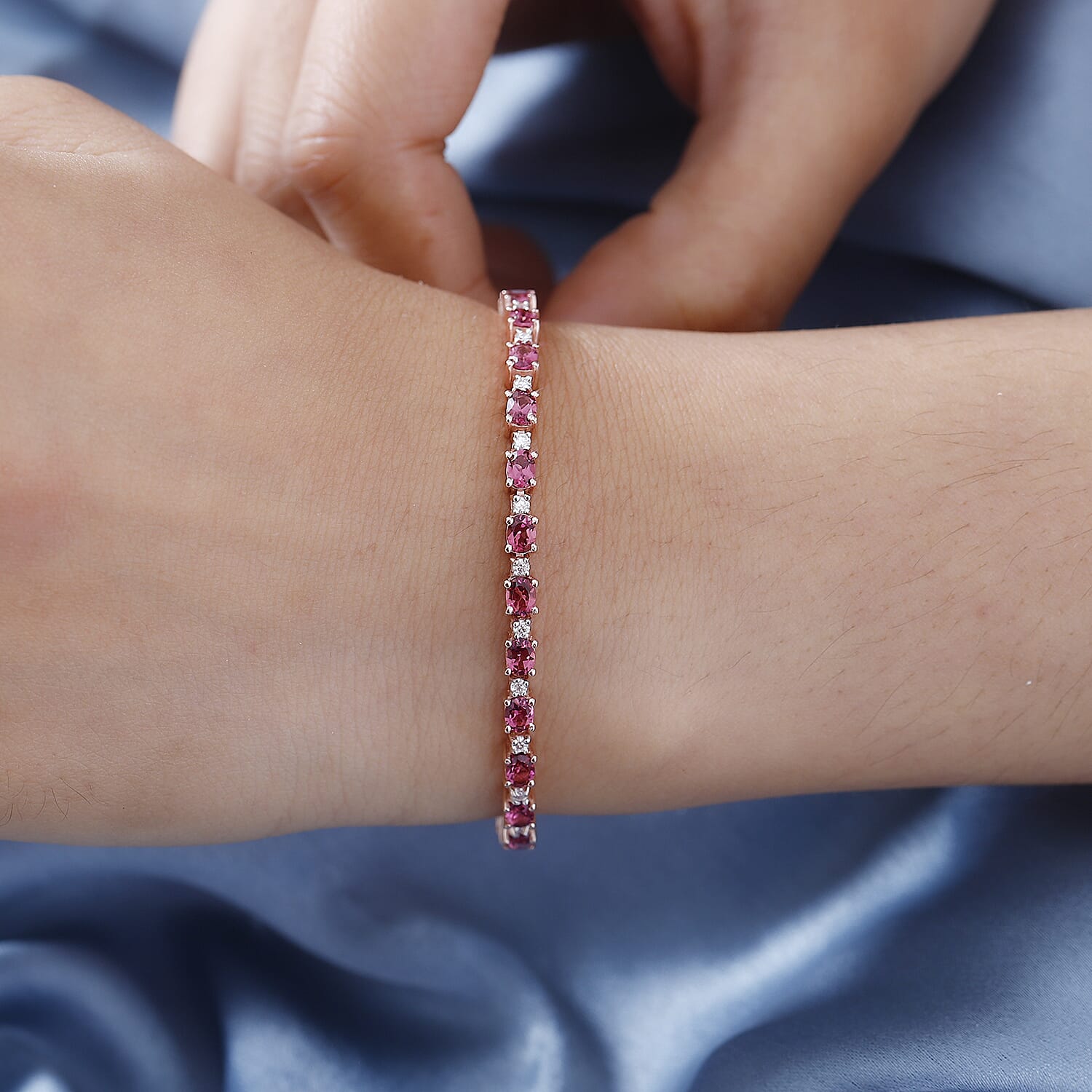 D'Joy Premium Ouro Fino Rubellite and Moissanite Bracelet in Vermeil Rose Gold Over Sterling Silver (6.50 In) 5.20 ctw