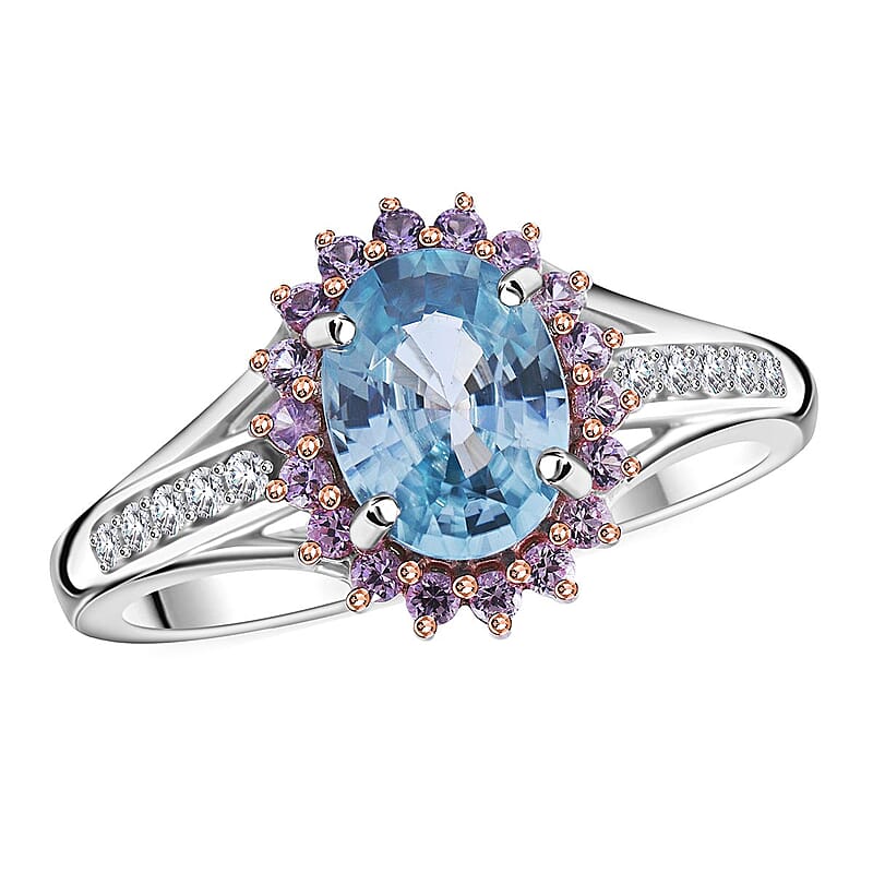 Cambodian Blue Zircon and Multi Gemstone Sunburst Ring in Platinum Over Sterling Silver (Size 10.0) 2.50 ctw