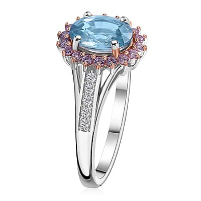 Cambodian Blue Zircon and Multi Gemstone Sunburst Ring in Platinum Over Sterling Silver (Size 10.0) 2.50 ctw