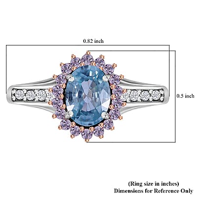 Cambodian Blue Zircon and Multi Gemstone Sunburst Ring in Platinum Over Sterling Silver (Size 10.0) 2.50 ctw