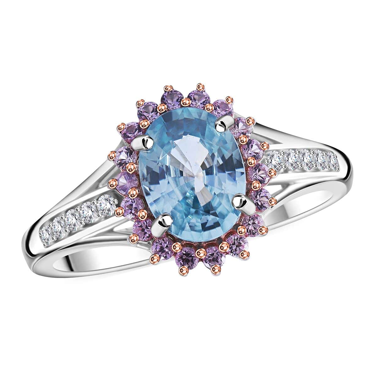 Cambodian Blue Zircon and Multi Gemstone Sunburst Ring in Platinum Over Sterling Silver (Size 6.0) 2.50 ctw image number 0