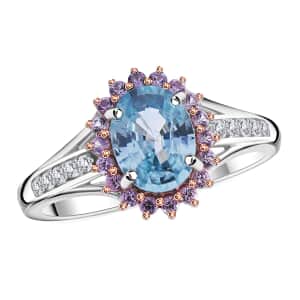 Cambodian Blue Zircon and Multi Gemstone Sunburst Ring in Platinum Over Sterling Silver (Size 6.0) 2.50 ctw