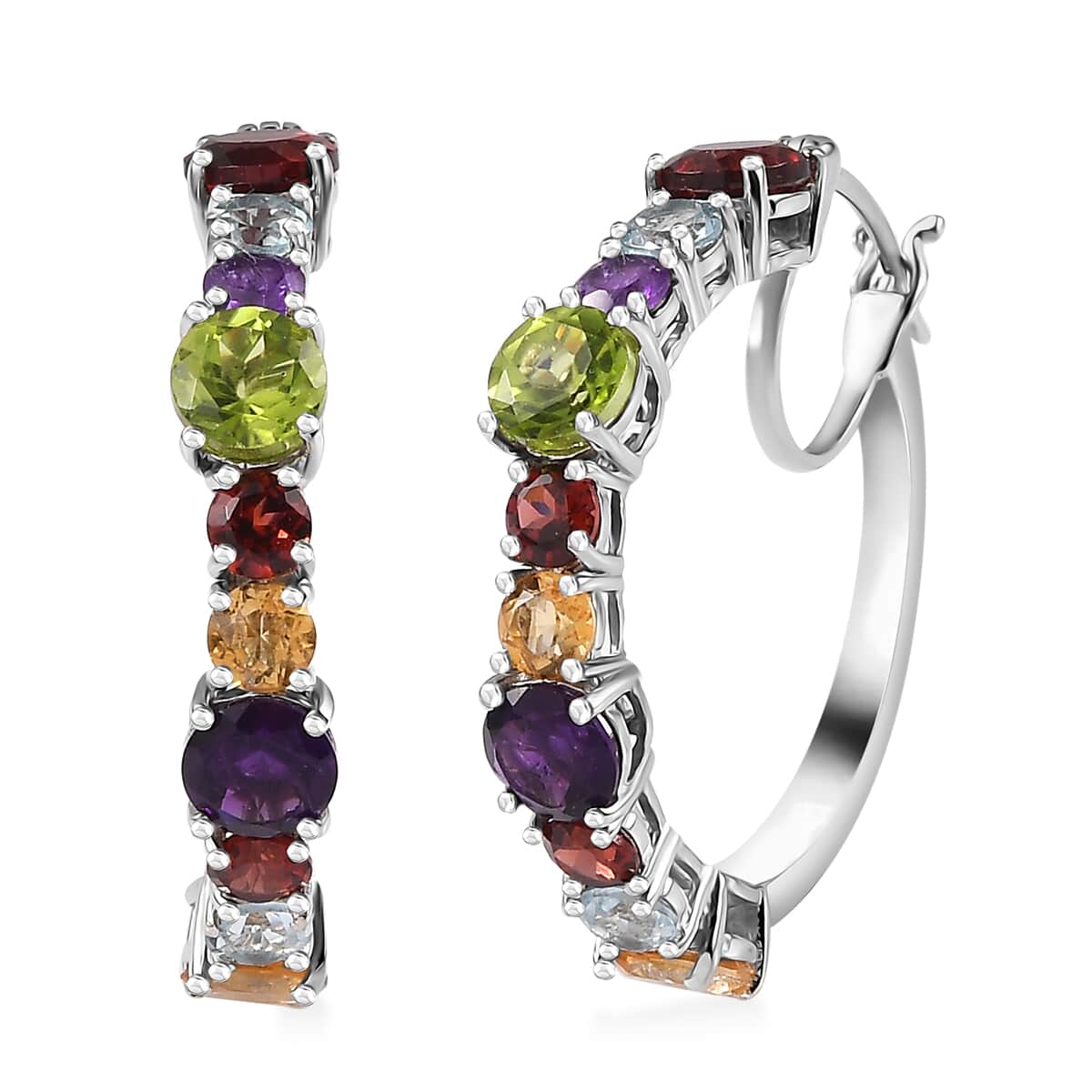 Multi Gemstone Hoop Earrings in Platinum Over Sterling Silver 10.00 ctw image number 0