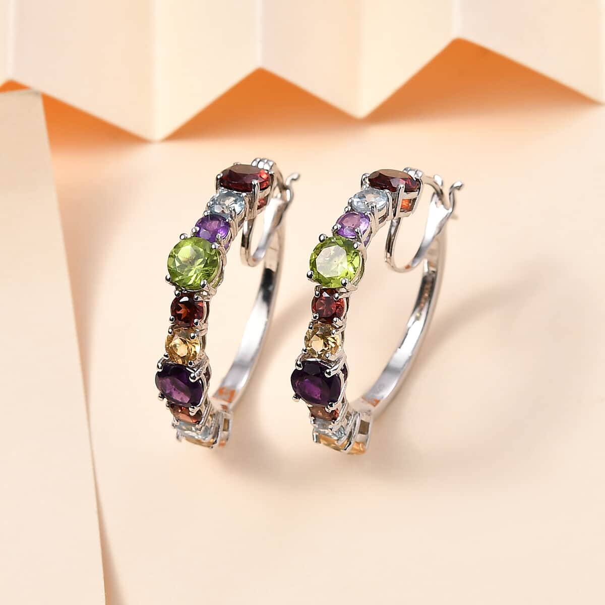 Multi Gemstone Hoop Earrings in Platinum Over Sterling Silver 10.00 ctw image number 1