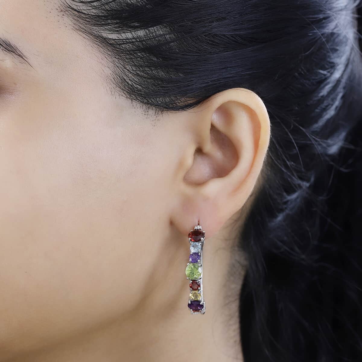 Multi Gemstone Hoop Earrings in Platinum Over Sterling Silver 10.00 ctw image number 2