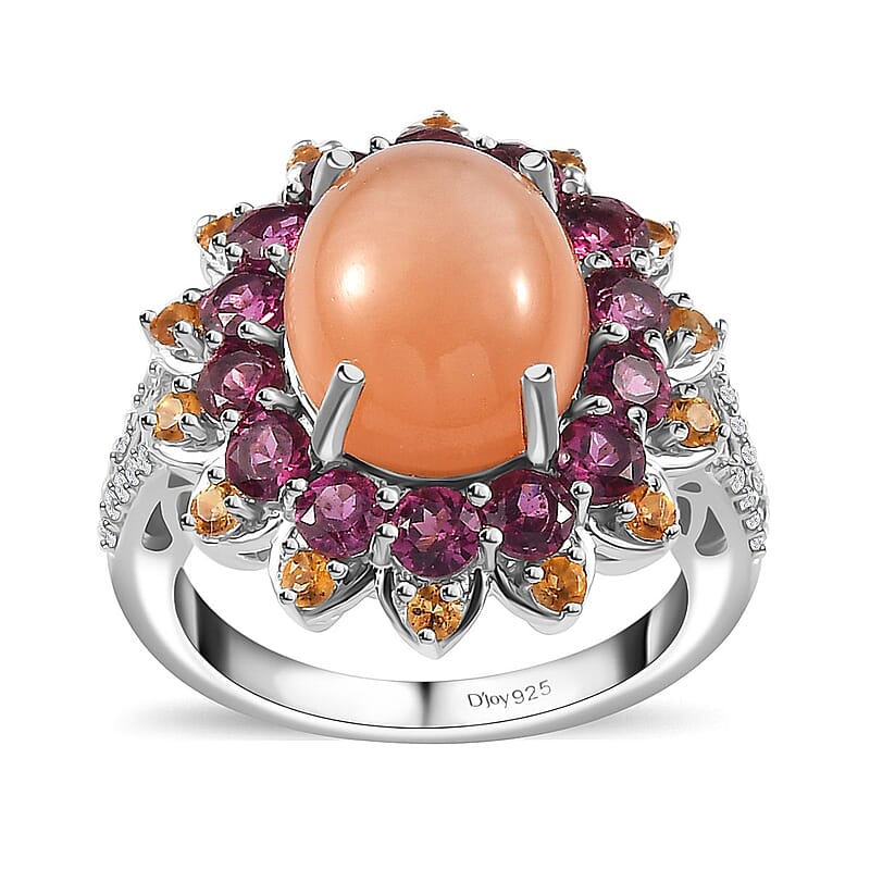 Peach Moonstone and Multi Gemstone Sunburst Ring in Platinum Over Sterling Silver (Size 10.0) 8.10 ctw