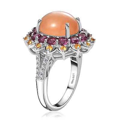 Peach Moonstone and Multi Gemstone Sunburst Ring in Platinum Over Sterling Silver (Size 10.0) 8.10 ctw