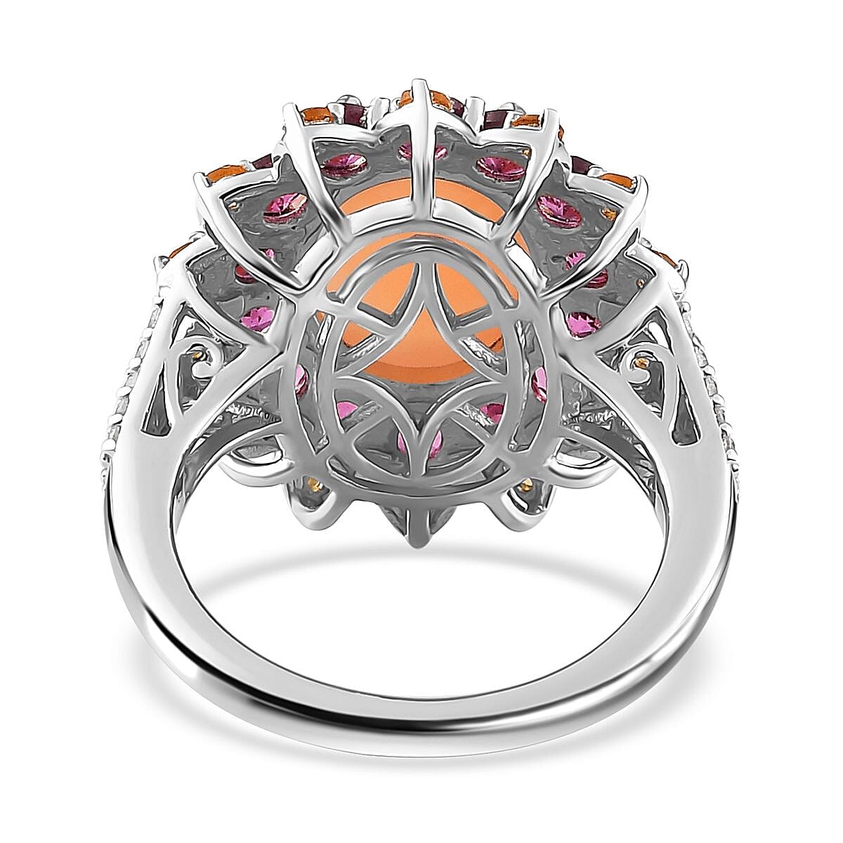 Peach Moonstone and Multi Gemstone Sunburst Ring in Platinum Over Sterling Silver (Size 10.0) 8.10 ctw