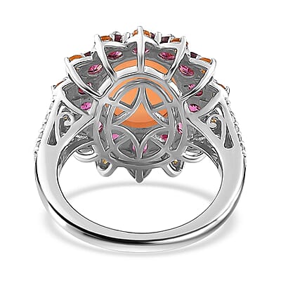 Peach Moonstone and Multi Gemstone Sunburst Ring in Platinum Over Sterling Silver (Size 10.0) 8.10 ctw