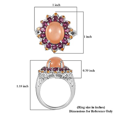 Peach Moonstone and Multi Gemstone Sunburst Ring in Platinum Over Sterling Silver (Size 10.0) 8.10 ctw