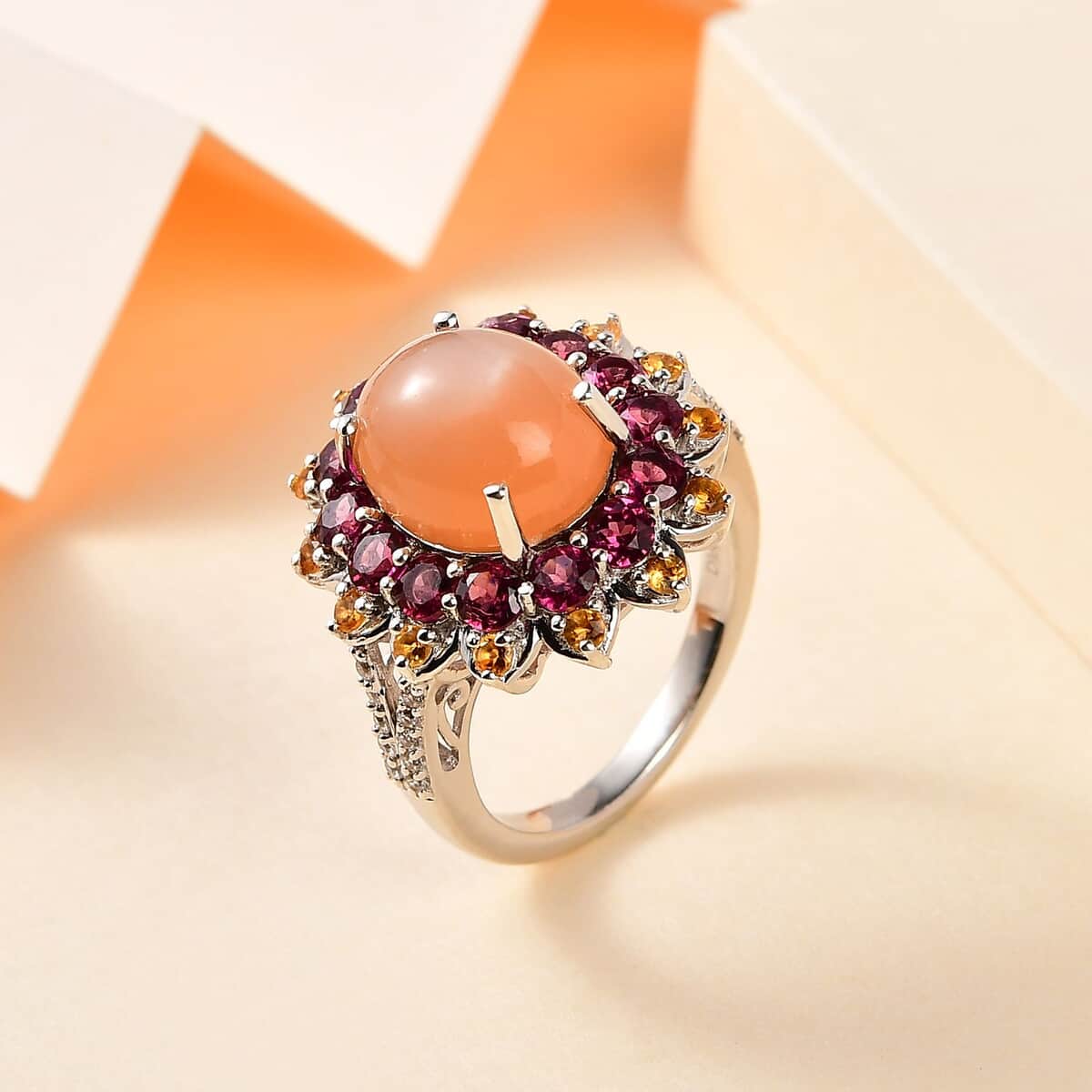 Peach Moonstone and Multi Gemstone Sunburst Ring in Platinum Over Sterling Silver (Size 5.0) 8.10 ctw image number 1