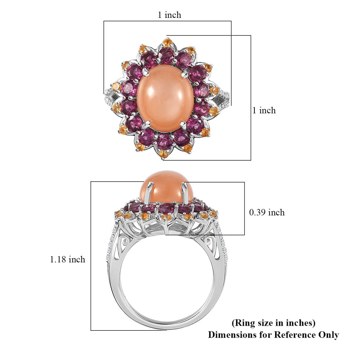 Peach Moonstone and Multi Gemstone Sunburst Ring in Platinum Over Sterling Silver (Size 5.0) 8.10 ctw image number 5