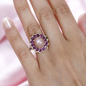 Peach Moonstone and Multi Gemstone Sunburst Ring in Platinum Over Sterling Silver (Size 6.0) 8.10 ctw