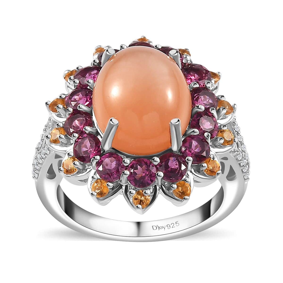 Peach Moonstone and Multi Gemstone Sunburst Ring in Platinum Over Sterling Silver (Size 8.0) 8.10 ctw image number 0