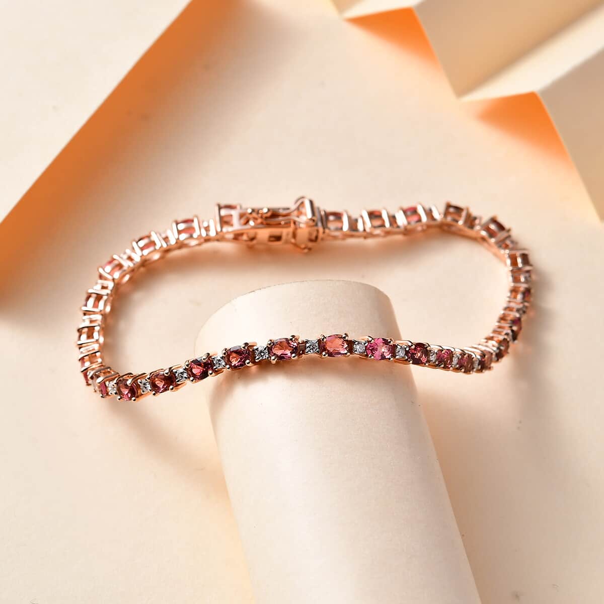 Premium Ouro Fino Rubellite and Moissanite Bracelet in Vermeil Rose Gold Over Sterling Silver (7.25 In) 5.80 ctw image number 1