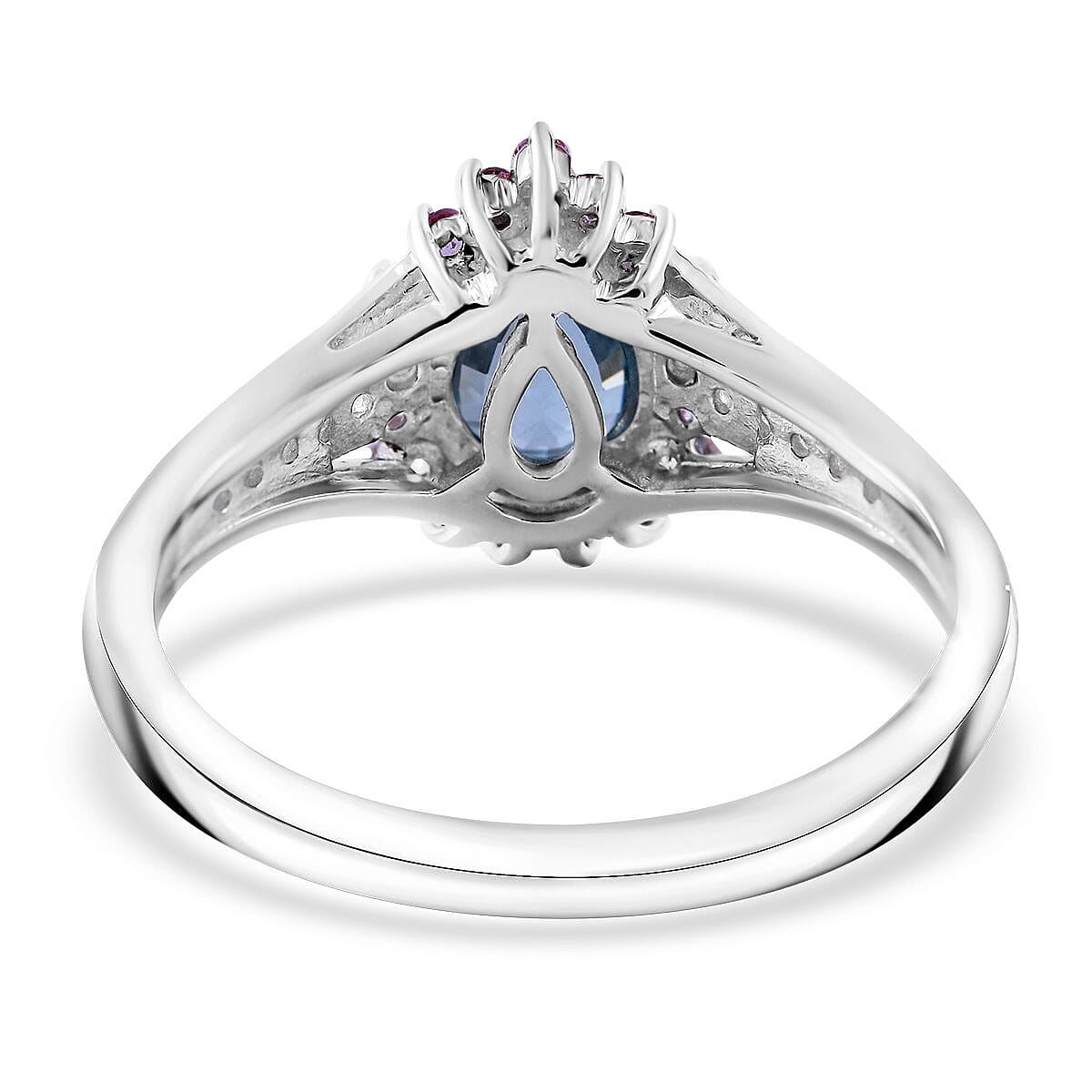 Cambodian Blue Zircon and Multi Gemstone Sunburst Ring in Platinum Over Sterling Silver (Size 6.0) 2.25 ctw image number 3