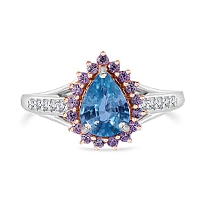 Cambodian Blue Zircon and Multi Gemstone Sunburst Ring in Platinum Over Sterling Silver (Size 7.0) 2.25 ctw