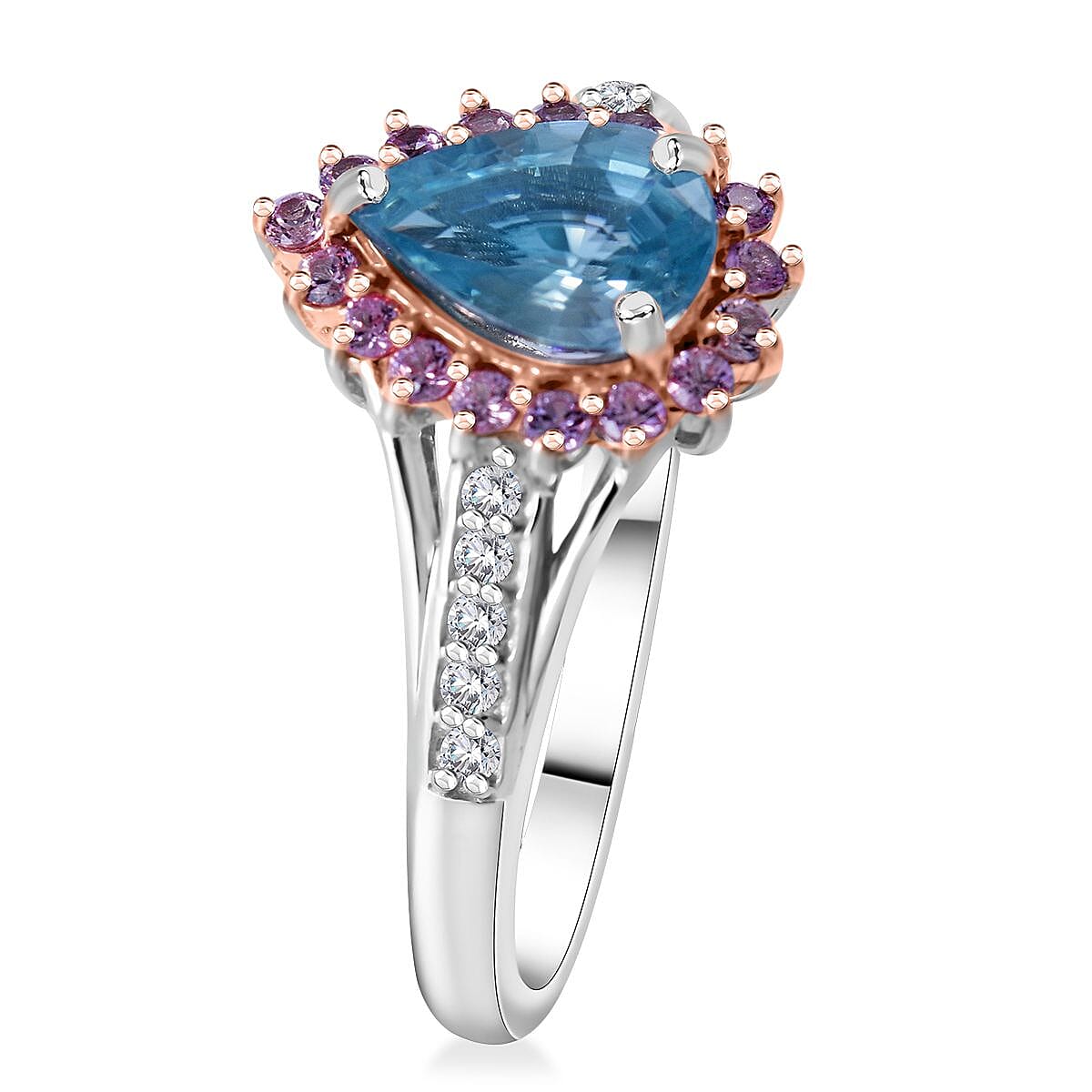 Cambodian Blue Zircon and Multi Gemstone Sunburst Ring in Platinum Over Sterling Silver (Size 7.0) 2.25 ctw image number 2