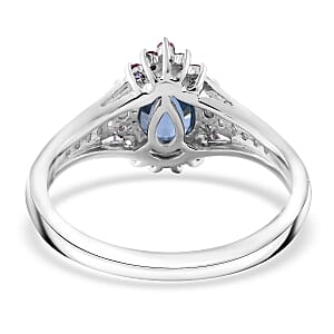 Cambodian Blue Zircon and Multi Gemstone Sunburst Ring in Platinum Over Sterling Silver (Size 7.0) 2.25 ctw