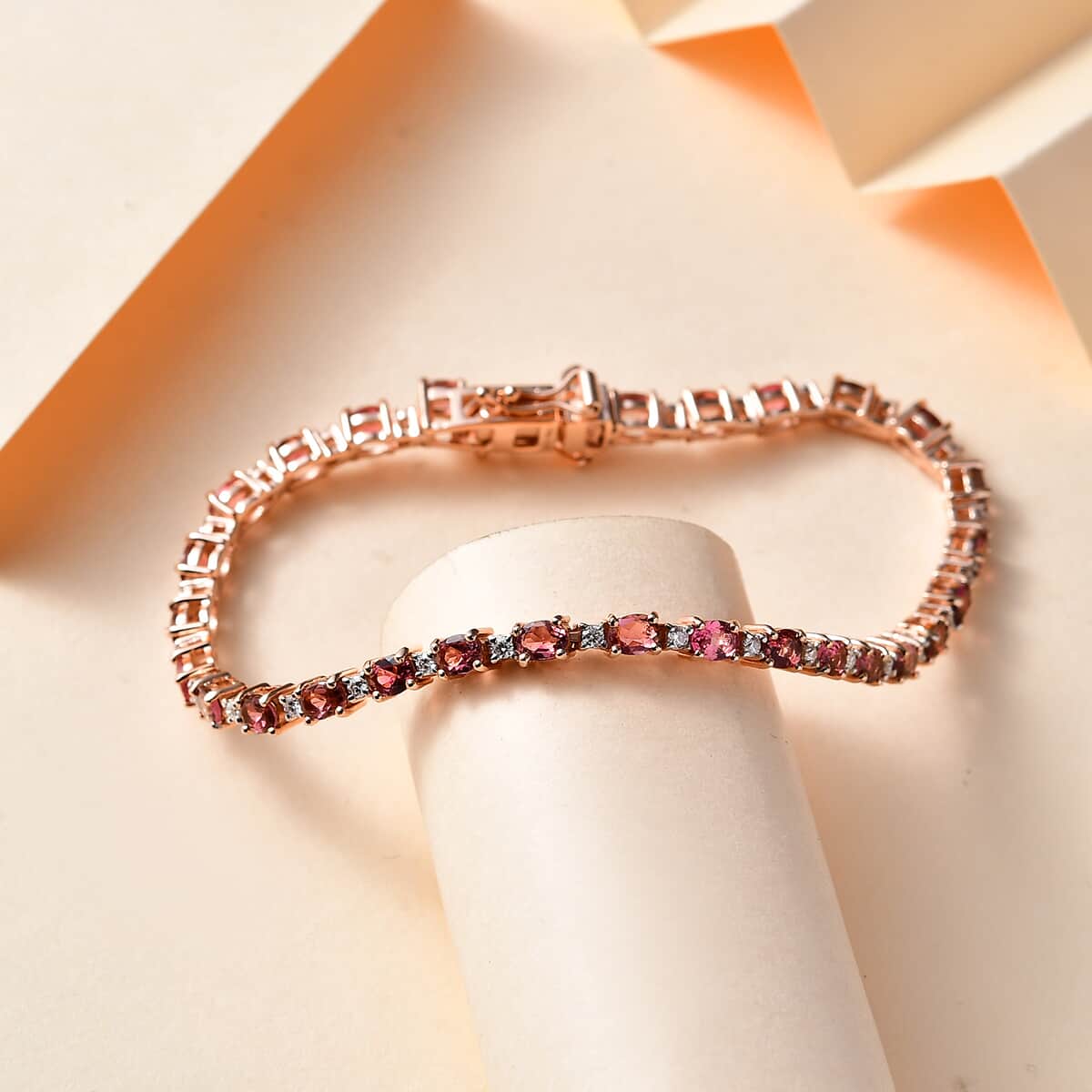 Premium Ouro Fino Rubellite and Moissanite Bracelet in Vermeil Rose Gold Over Sterling Silver (8.00 In) 6.40 ctw image number 1
