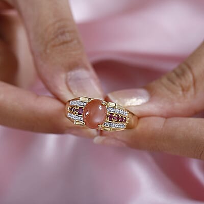Peach Moonstone and Multi Gemstone Men's Ring in Vermeil Yellow Gold Over Sterling Silver (Size 10.0) 3.50 ctw