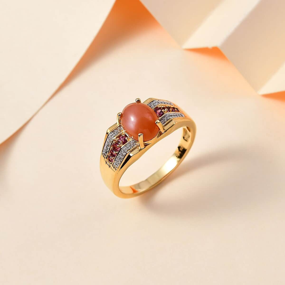 Peach Moonstone and Multi Gemstone Men's Ring in Vermeil Yellow Gold Over Sterling Silver (Size 11.0) 3.50 ctw image number 1