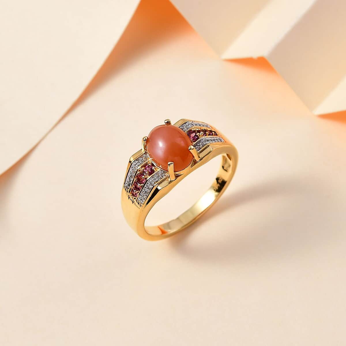 Peach Moonstone and Multi Gemstone Men's Ring in Vermeil Yellow Gold Over Sterling Silver (Size 12.0) 3.50 ctw image number 1