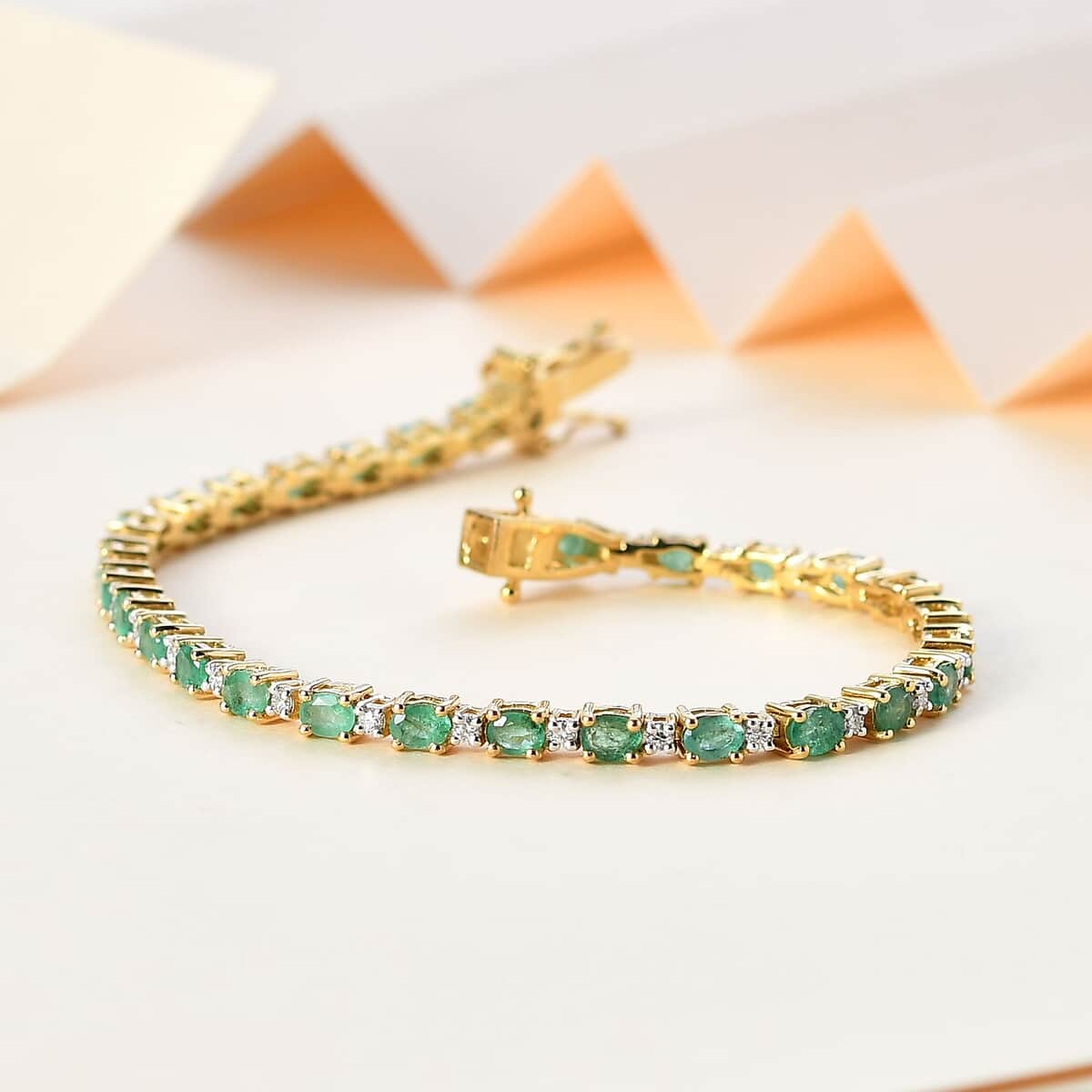 Premium Kagem Zambian Emerald and Moissanite Bracelet in Vermeil Yellow Gold Over Sterling Silver (6.50 In) 5.80 ctw image number 1