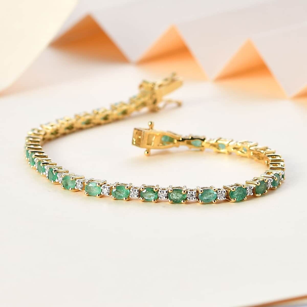 Premium Kagem Zambian Emerald and Moissanite Bracelet in Vermeil Yellow Gold Over Sterling Silver (7.25 In) 6.20 ctw image number 1