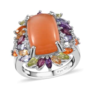 Peach Moonstone and Multi Gemstone Cocktail Ring in Platinum Over Sterling Silver (Size 10.0) 9.85 ctw