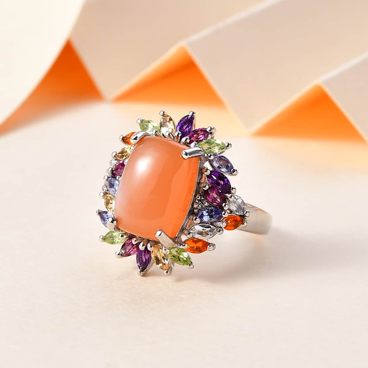 Peach Moonstone and Multi Gemstone Cocktail Ring in Platinum Over Sterling Silver (Size 10.0) 9.85 ctw image number 1