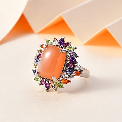Peach Moonstone and Multi Gemstone Cocktail Ring in Platinum Over Sterling Silver (Size 10.0) 9.85 ctw