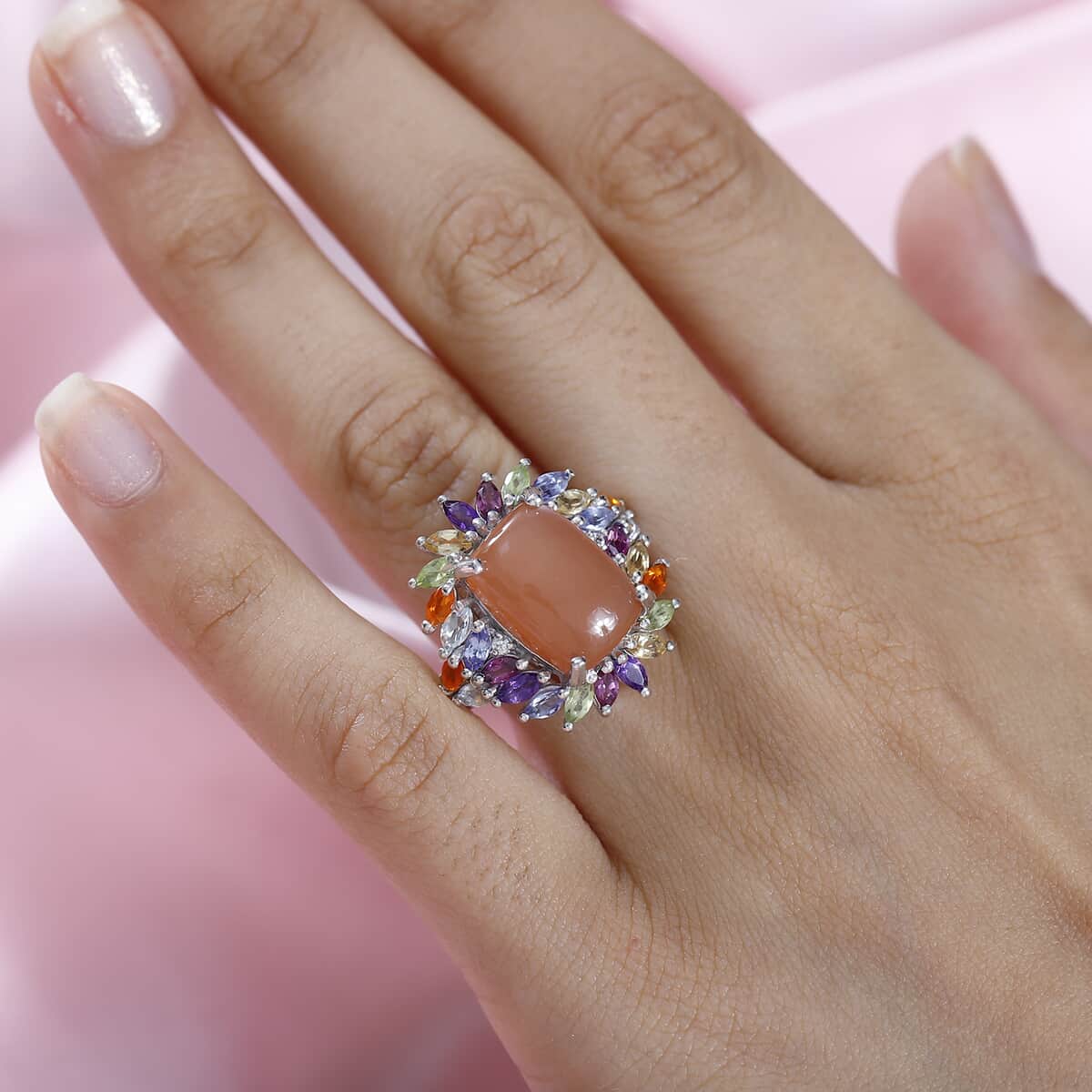 Peach Moonstone and Multi Gemstone Cocktail Ring in Platinum Over Sterling Silver (Size 5.0) 9.85 ctw image number 2