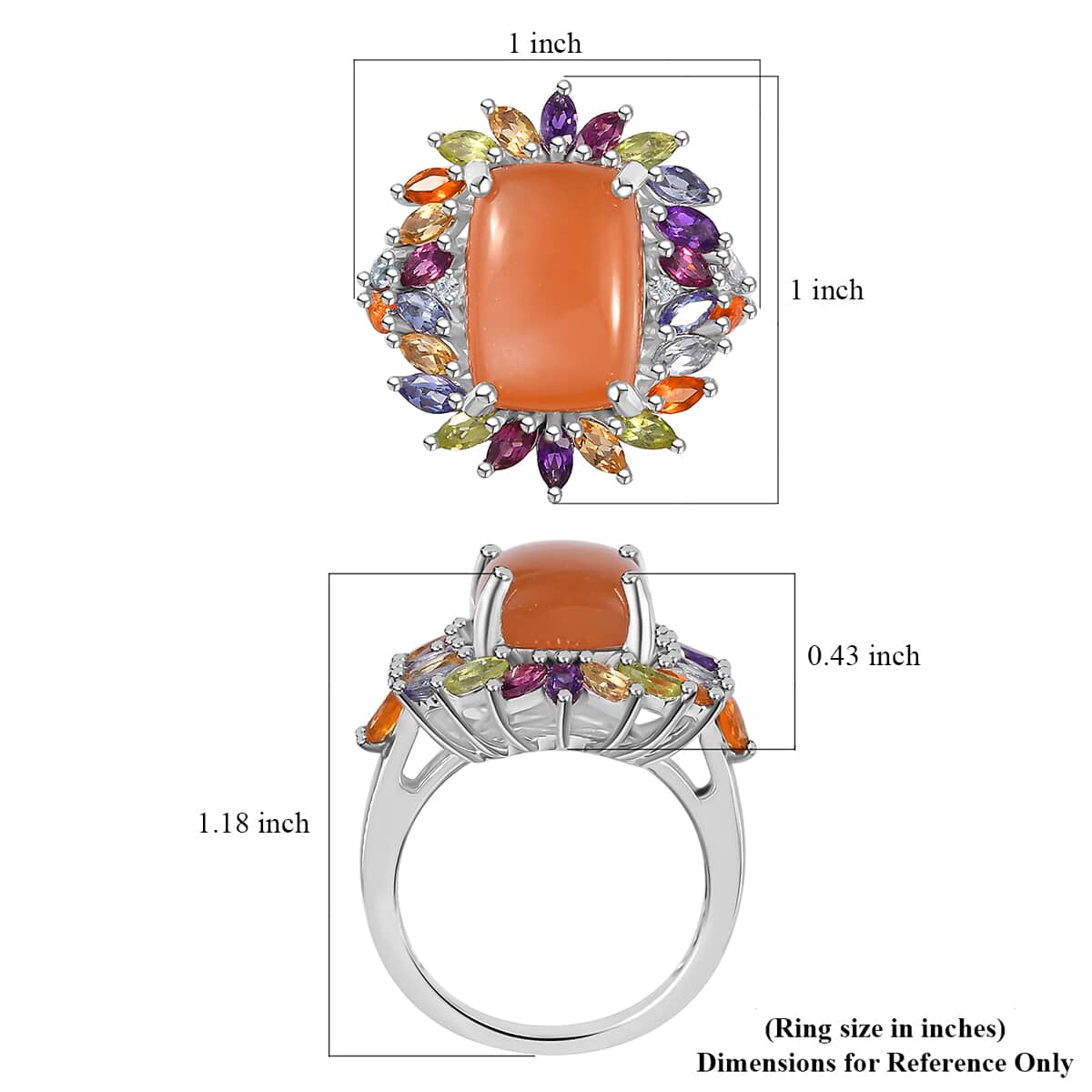 Peach Moonstone and Multi Gemstone Cocktail Ring in Platinum Over Sterling Silver (Size 5.0) 9.85 ctw image number 5