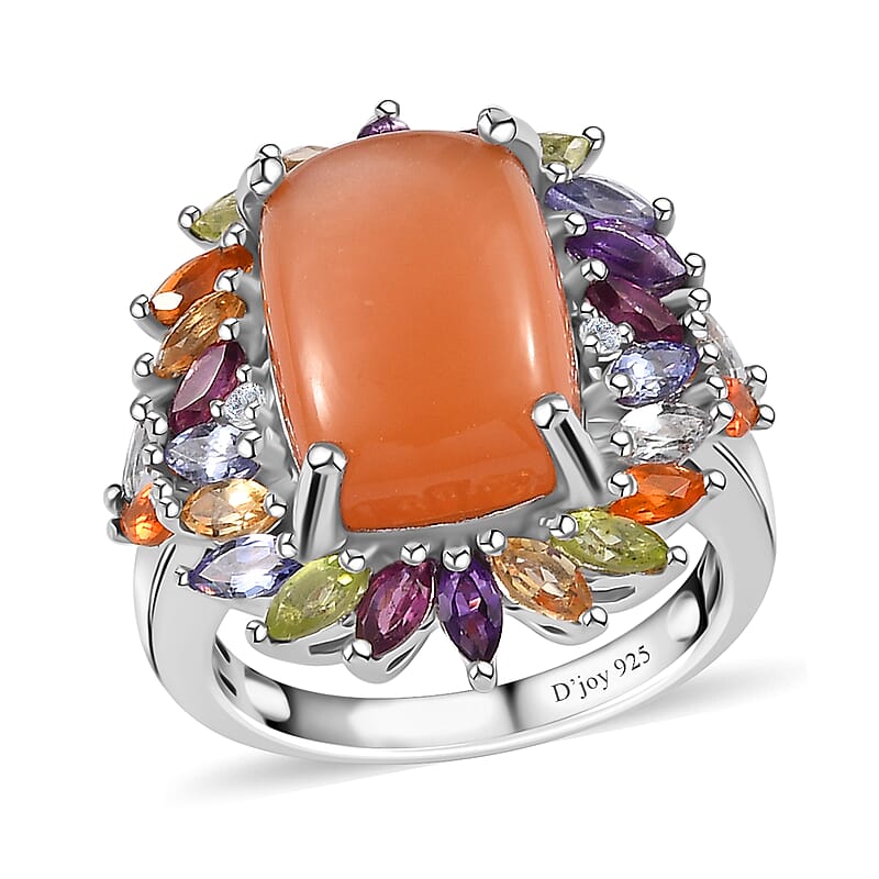 Peach Moonstone and Multi Gemstone Cocktail Ring in Platinum Over Sterling Silver (Size 7.0) 9.85 ctw
