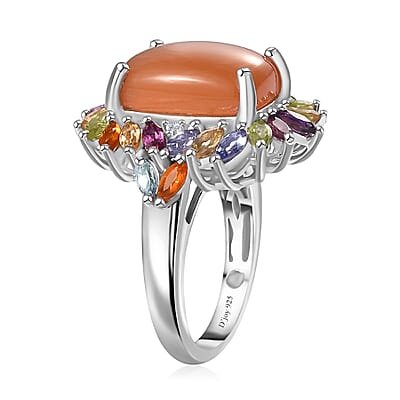 Peach Moonstone and Multi Gemstone Cocktail Ring in Platinum Over Sterling Silver (Size 7.0) 9.85 ctw