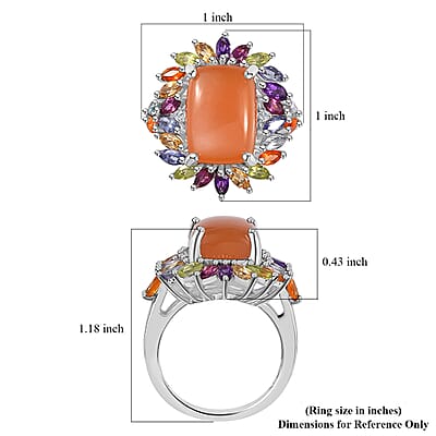 Peach Moonstone and Multi Gemstone Cocktail Ring in Platinum Over Sterling Silver (Size 7.0) 9.85 ctw