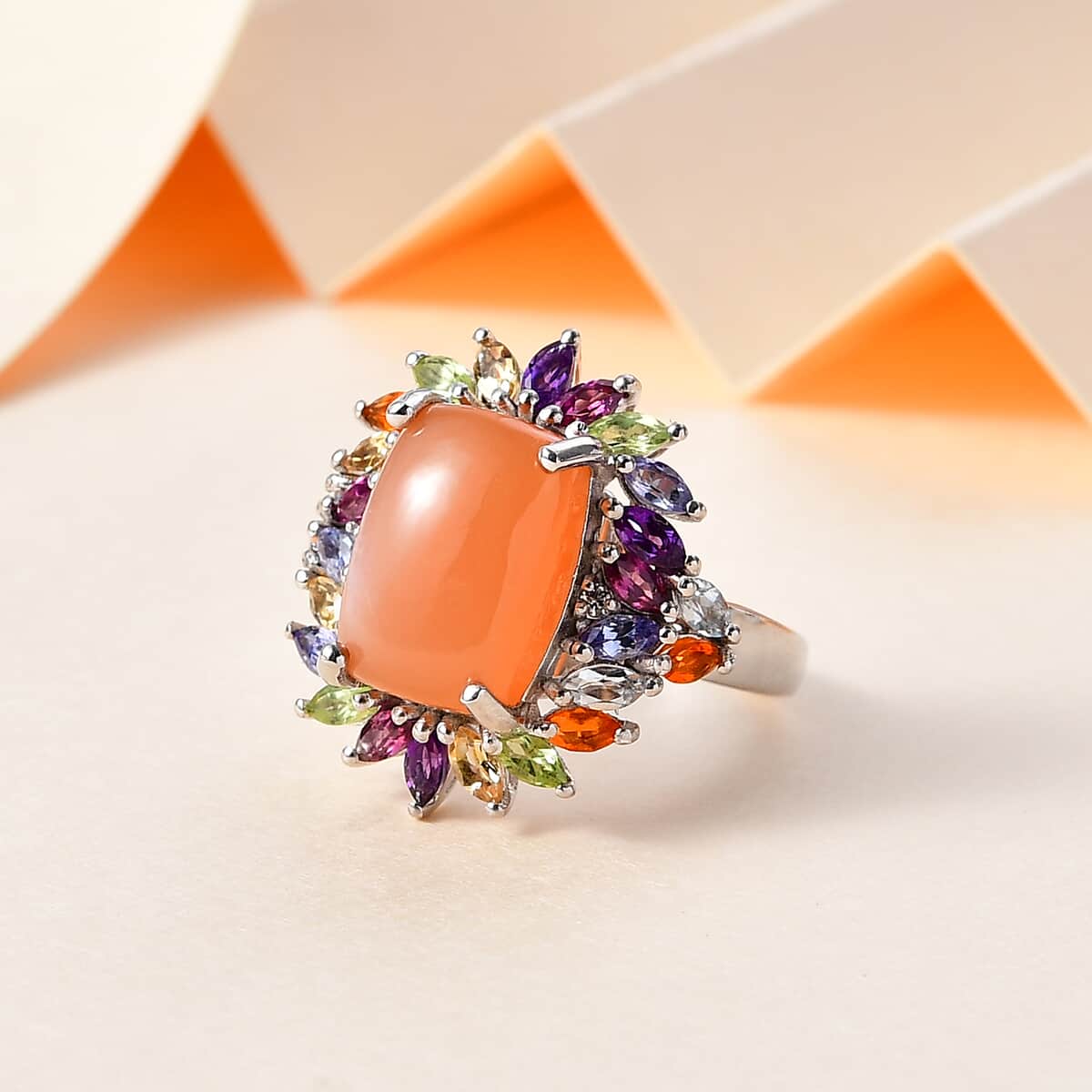 Peach Moonstone and Multi Gemstone Cocktail Ring in Platinum Over Sterling Silver (Size 9.0) 9.85 ctw image number 1