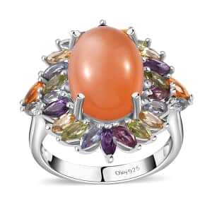 Peach Moonstone and Multi Gemstone Cocktail Ring in Platinum Over Sterling Silver (Size 10.0) 8.70 ctw