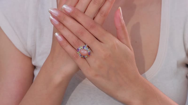 Peach Moonstone and Multi Gemstone Cocktail Ring in Platinum Over Sterling Silver (Size 10.0) 8.70 ctw