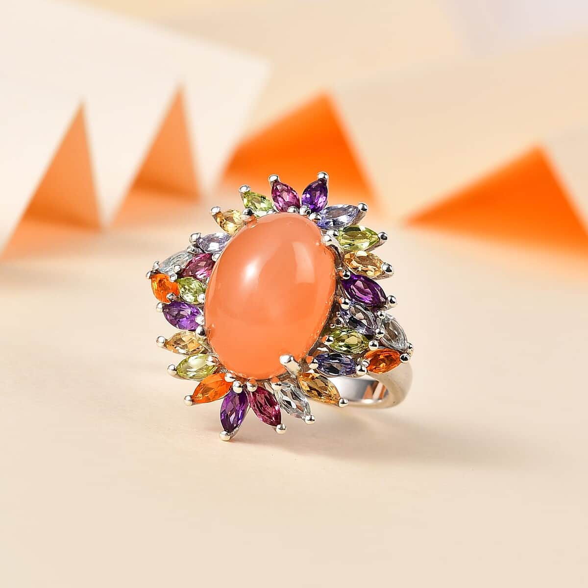 Peach Moonstone and Multi Gemstone Cocktail Ring in Platinum Over Sterling Silver (Size 10.0) 8.70 ctw image number 1