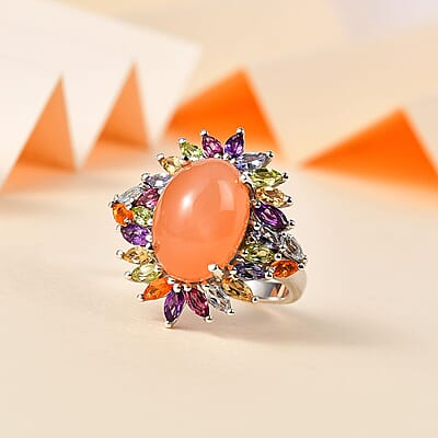 Peach Moonstone and Multi Gemstone Cocktail Ring in Platinum Over Sterling Silver (Size 10.0) 8.70 ctw