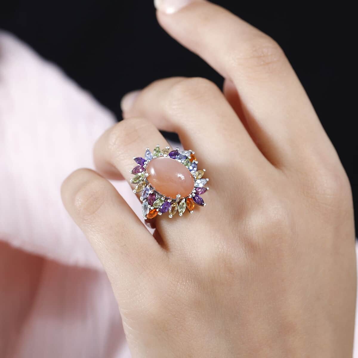Peach Moonstone and Multi Gemstone Cocktail Ring in Platinum Over Sterling Silver (Size 10.0) 8.70 ctw image number 2